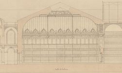 Bibliothèque impériale, projet de restauration : coupe des bâtiments depuis la rue colbert jusqu'à la rue des petits champs. Henri Labrouste, 1859. 