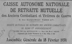 Accéder à la page "Caisse autonome nationale de retraite mutuelle des anciens combattants et victimes de guerre. Société mutuelle de retraite des anciens combattants de Reims et arrondissement"