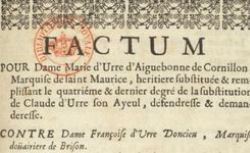  Factum pour dame Marie d'Urre d'Aiguebonne de Cornillon, marquise de Saint-Maurice