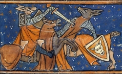 Français 1581 fol. 6v. Renart blesse Ysengrin en combat singulier 