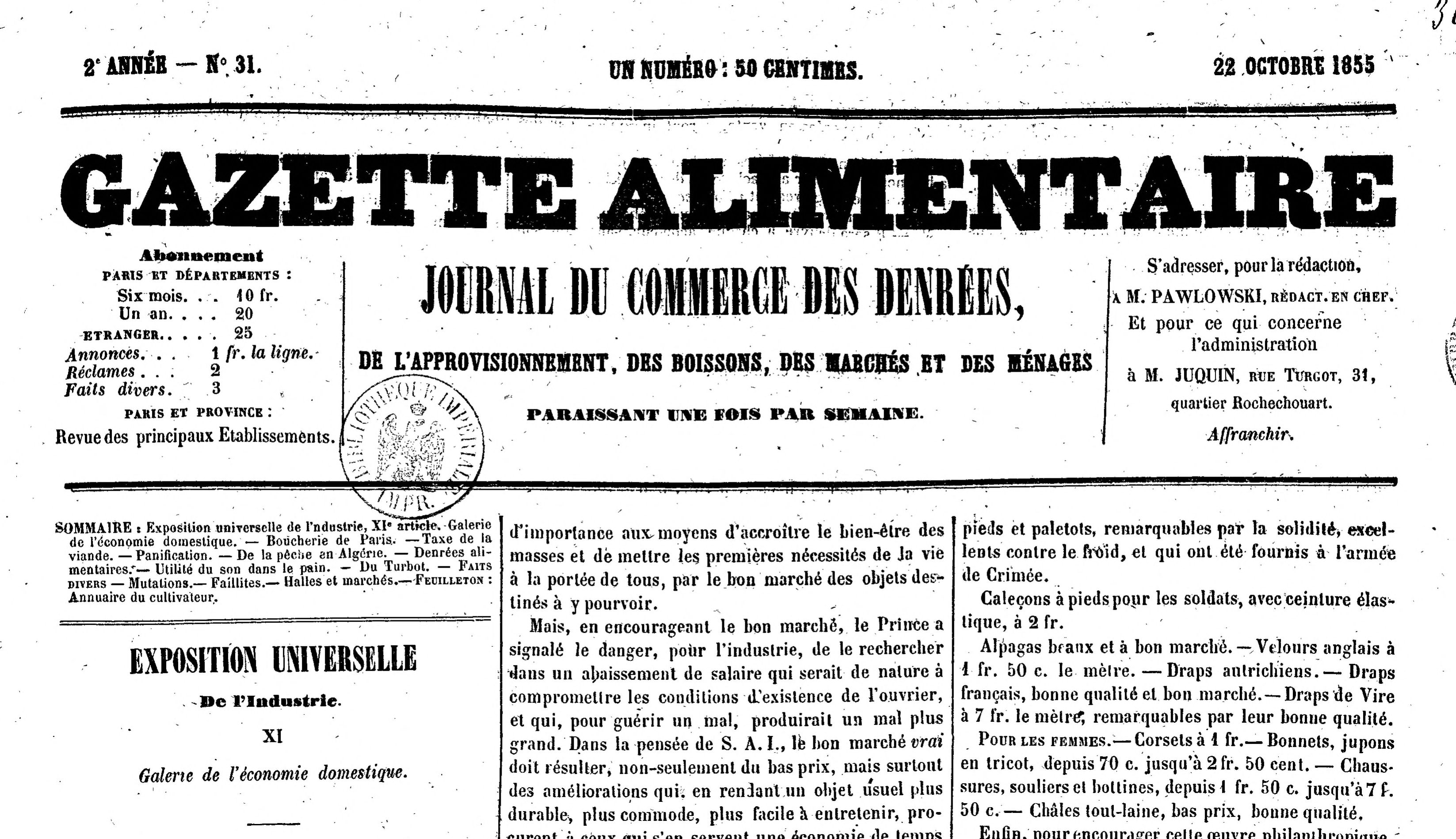 Accéder à la page "Gazette alimentaire : journal du commerce des denrées"