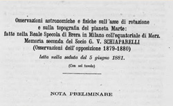 SCHIAPARELLI, Giovanni Virginio (1835-1910) Osservazioni astronomiche e fisiche sull'asse di rotazione e sulla topografia del pianeta Marte