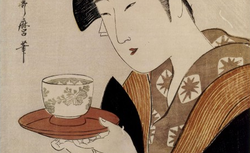 Utamaro. Une jeune femme tenant une tasse de porcelaine sur une soucoupe rouge, 18..? RESERVE DE-12-BTE FOL