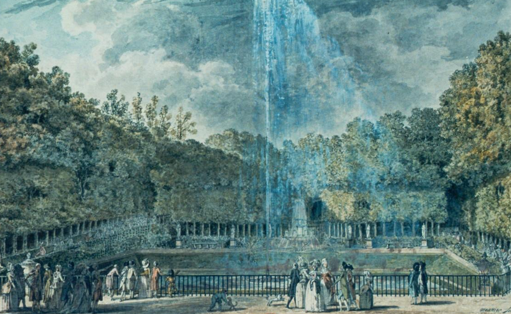 Parc de Saint-Cloud. Bassin avec le grand jet d'eau : dessin / Meunier fecit