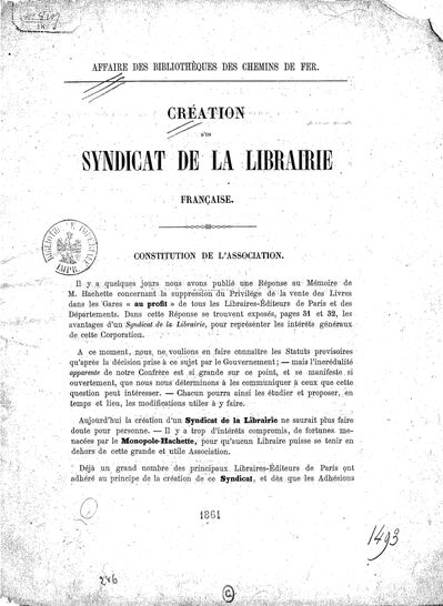 Création d'un Syndicat de la librairie française, 1861. BnF, département littérature et art